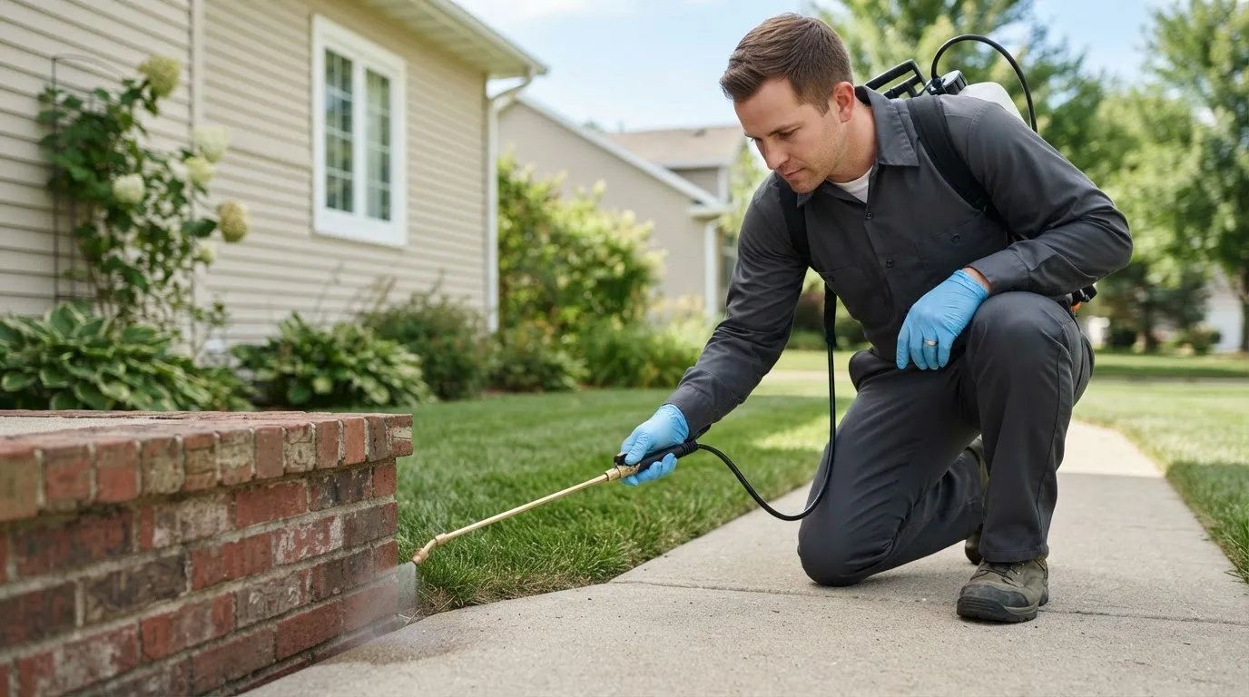 Pest control technician treating a home near Canton, ME