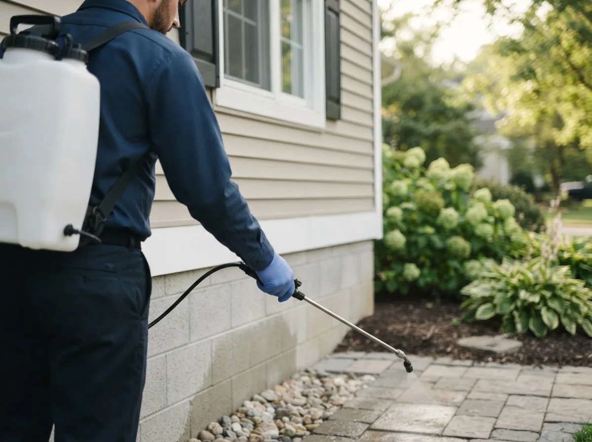 Pest control technician inspecting a home in Canton, ME